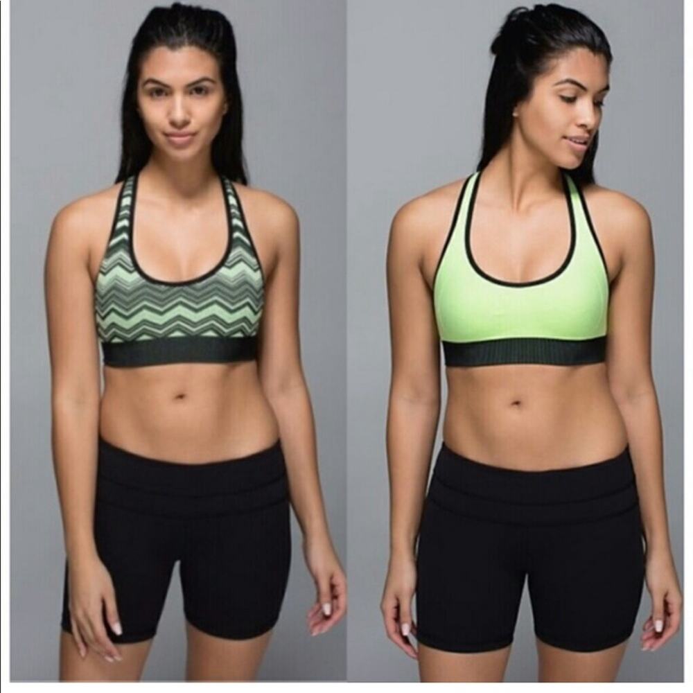 Lululemon Ebb & Flow Sports Bra size 6 Reversible Chevron Neon Green Black Yoga
